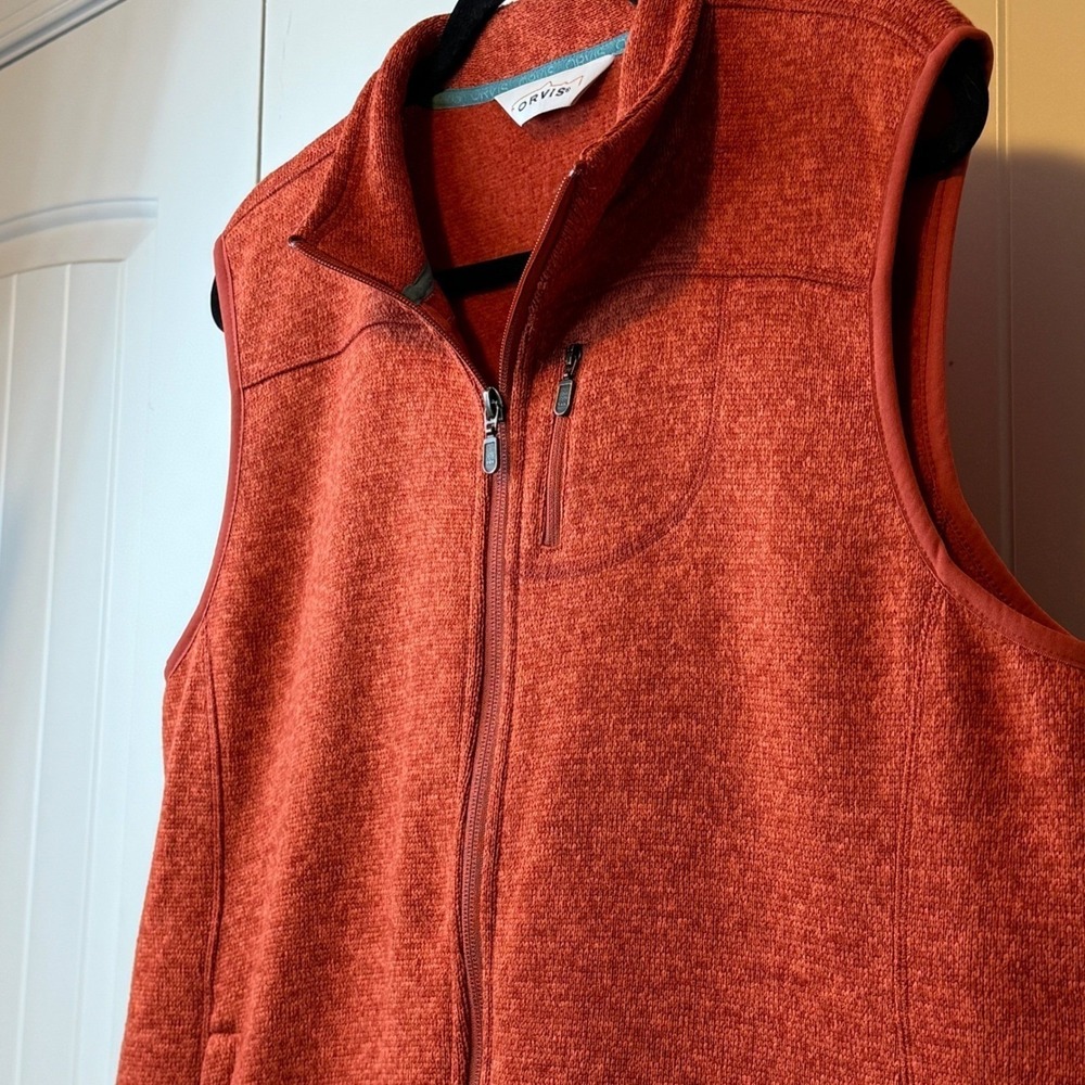 Orvis Fleece Vest Orange Zip Down Pockets Outdoor Hiking Travel Unisex XL - Picture 4 of 13